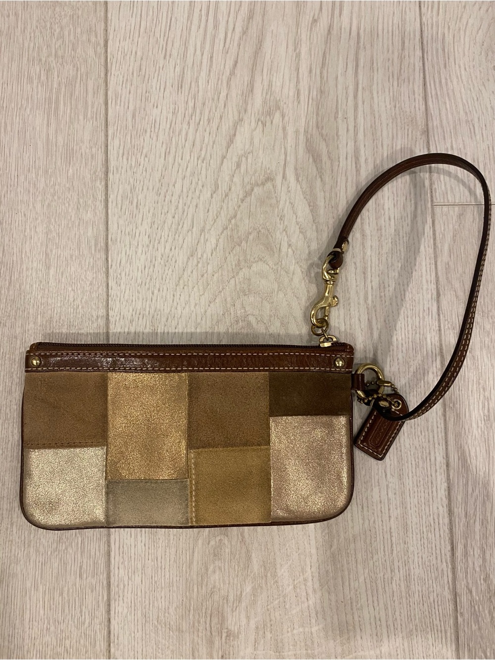 Coach Patchwork Suede & Leather Wristlet in Brown and Gold